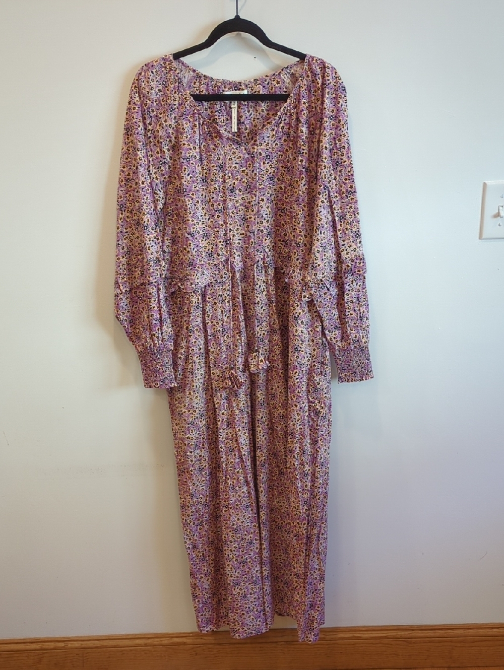 Boho Cottage Beachy Coastal Thought Purple Orange Black Floral Ruffle Maxi Dress
